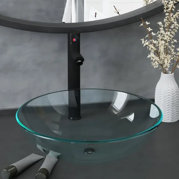 Gossi chiuveta baie robinet si scurgere tip push, transparent sticla