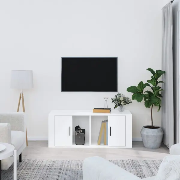 Gossi comoda tv, alb extralucios, 100x35x40 cm, lemn prelucrat