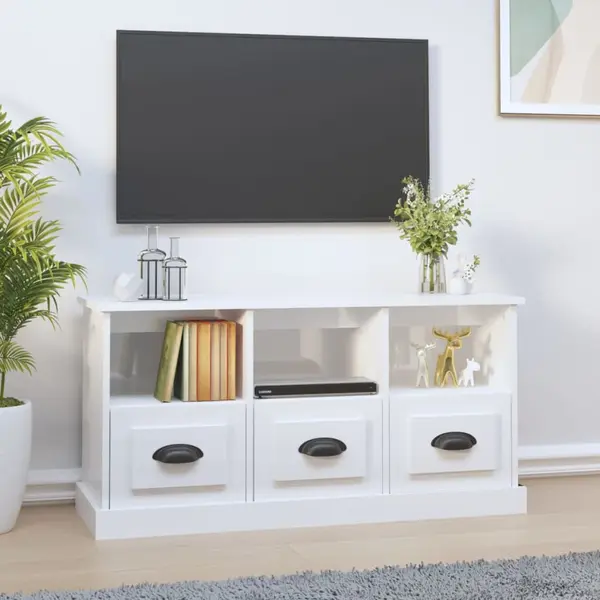 Gossi comoda tv, alb extralucios, 100x35x50 cm, lemn prelucrat