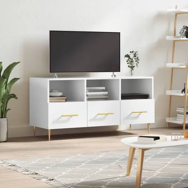 Gossi comoda tv, alb extralucios, 102x36x50 cm, lemn prelucrat