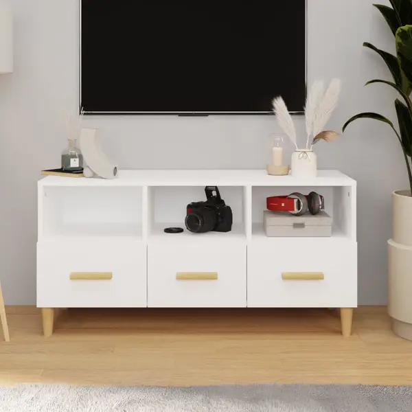 Gossi comoda tv, alb extralucios, 102x36x50 cm, lemn prelucrat