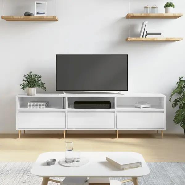 Gossi comoda tv, alb extralucios, 150x30x44,5 cm, lemn prelucrat