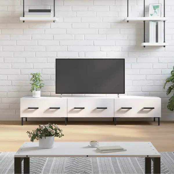 Gossi comoda tv, alb extralucios, 150x36x30 cm, lemn prelucrat