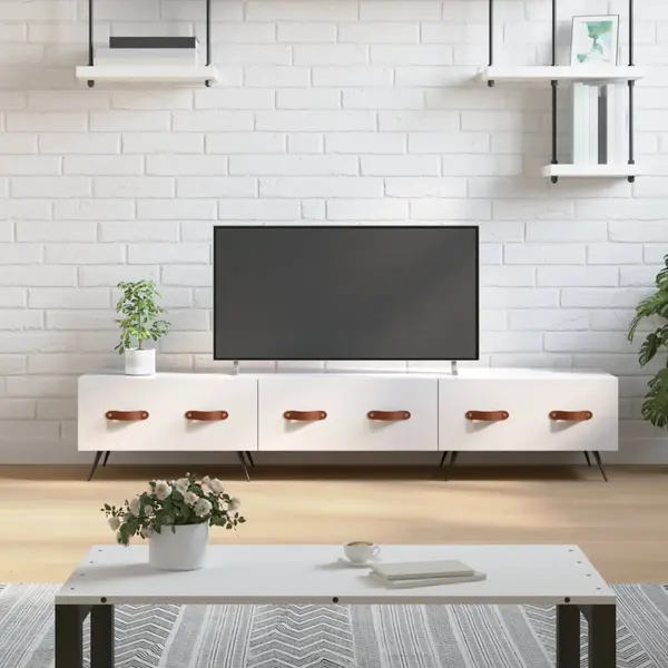 Gossi comoda tv, alb extralucios, 150x36x30 cm, lemn prelucrat
