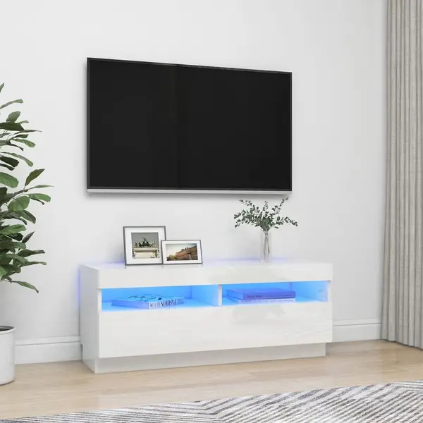 Gossi comoda tv cu lumini led, alb extralucios, 100x35x40 cm