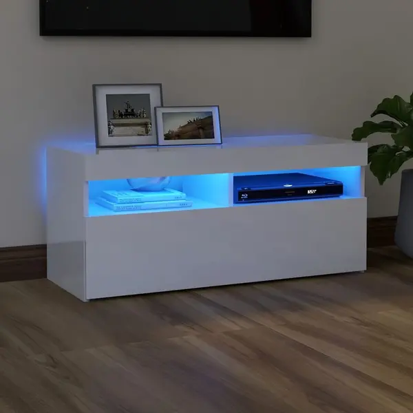Gossi comoda tv cu lumini led, alb extralucios, 90x35x40 cm