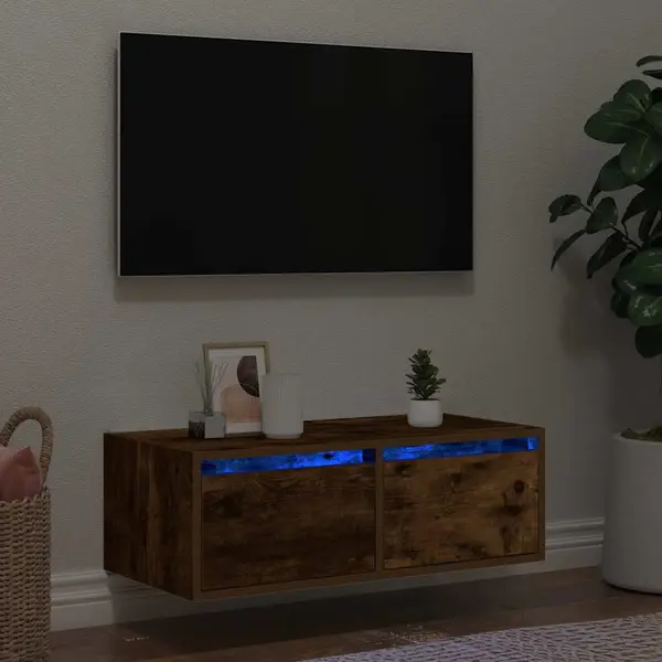 Gossi comoda tv cu lumini led, stejar fumuriu,75x35,5x25 cm