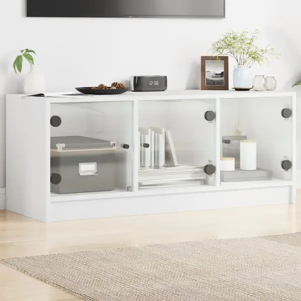 Gossi comoda tv cu usi din sticla, alb, 102x37x42 cm