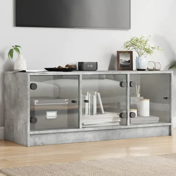 Gossi comoda tv cu usi din sticla, gri beton, 102x37x42 cm