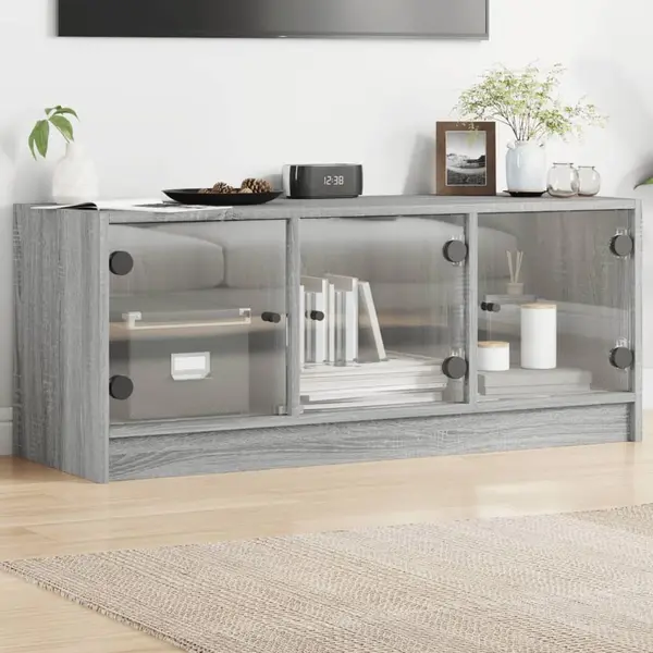 Gossi comoda tv cu usi din sticla, gri sonoma, 102x37x42 cm