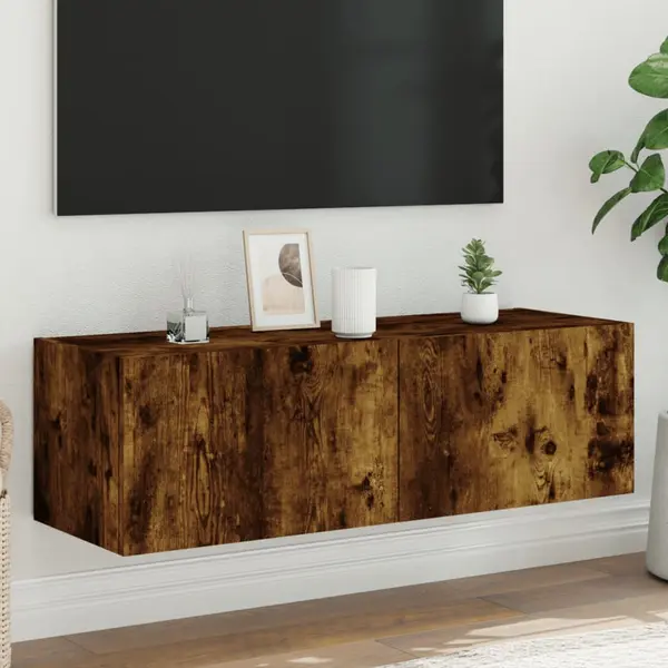 Gossi comoda tv de perete cu lumini led, stejar fumuriu, 100x35x31 cm