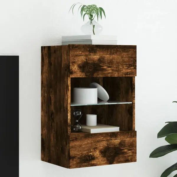 Gossi comoda tv de perete cu lumini led, stejar fumuriu, 40x30x60,5cm