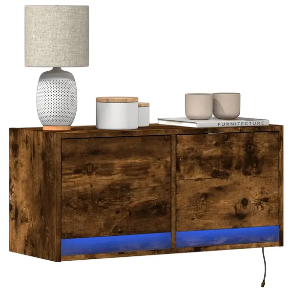 Gossi comoda tv de perete cu lumini led, stejar fumuriu, 80x31x38 cm