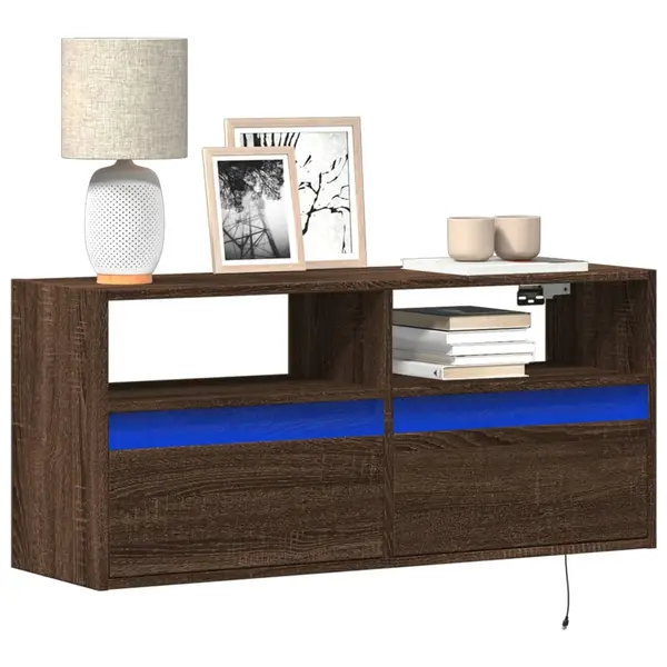 Gossi comoda tv de perete cu lumini led, stejar maro, 100x31x45 cm
