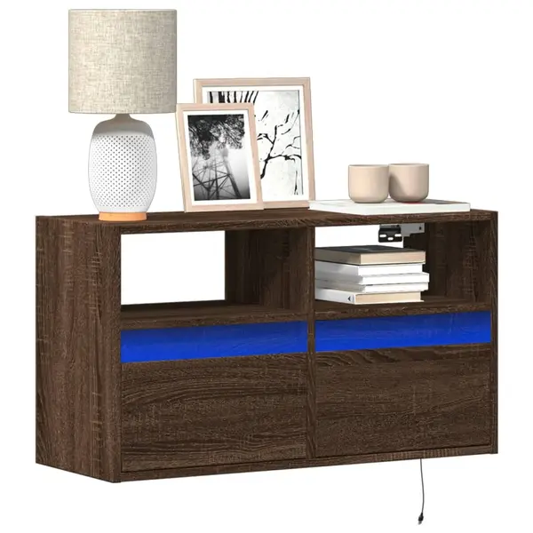 Gossi comoda tv de perete cu lumini led, stejar maro, 80x31x45 cm