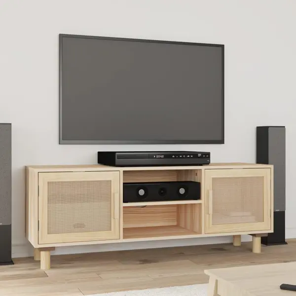 Gossi comoda tv, maro, 105x30x40 cm lemn masiv pin si ratan natural