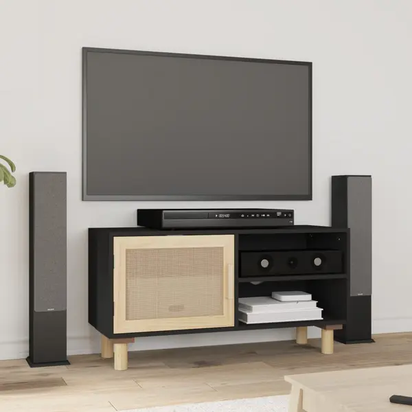 Gossi comoda tv, negru, 80x30x40 cm, lemn masiv pin si ratan natural