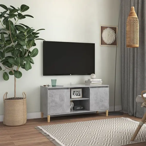 Gossi comoda tv, picioare lemn masiv, gri beton, 103,5x35x50 cm