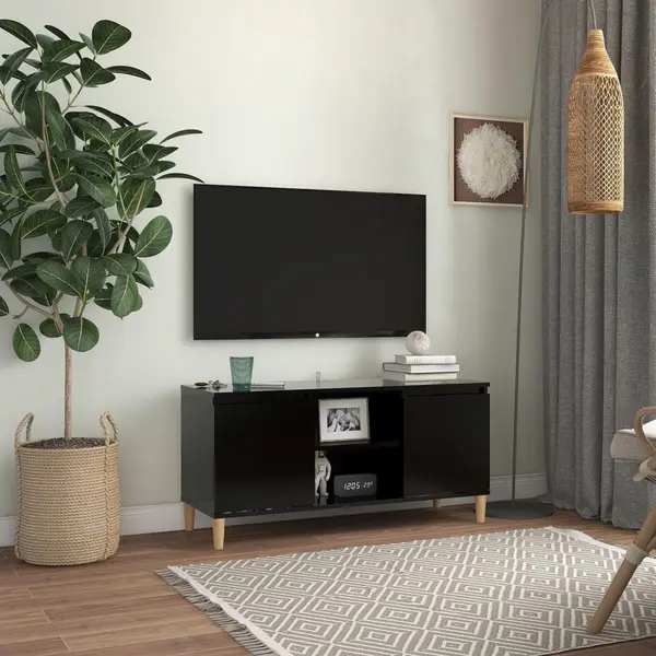 Gossi comoda tv, picioare lemn masiv, negru, 103,5x35x50 cm