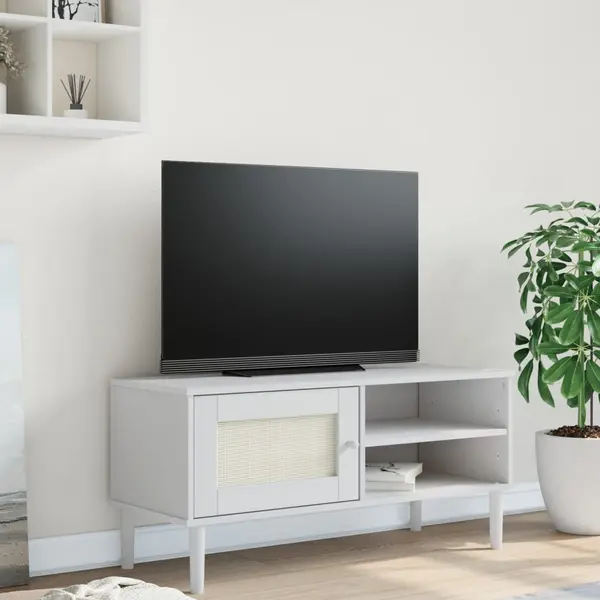 Gossi comoda tv senja aspect ratan alb, 106x40x49 cm, lemn masiv pin