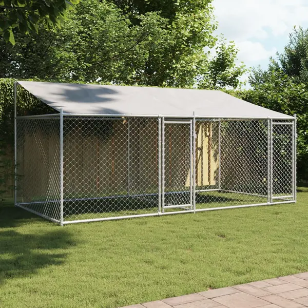 Gossi cusca caini cu acoperis si usi, gri, 4x2x2 m, otel galvanizat