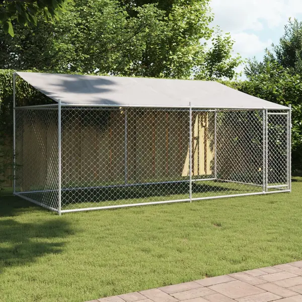 Gossi cusca caini cu acoperis si usi, gri, 4x2x2 m, otel galvanizat