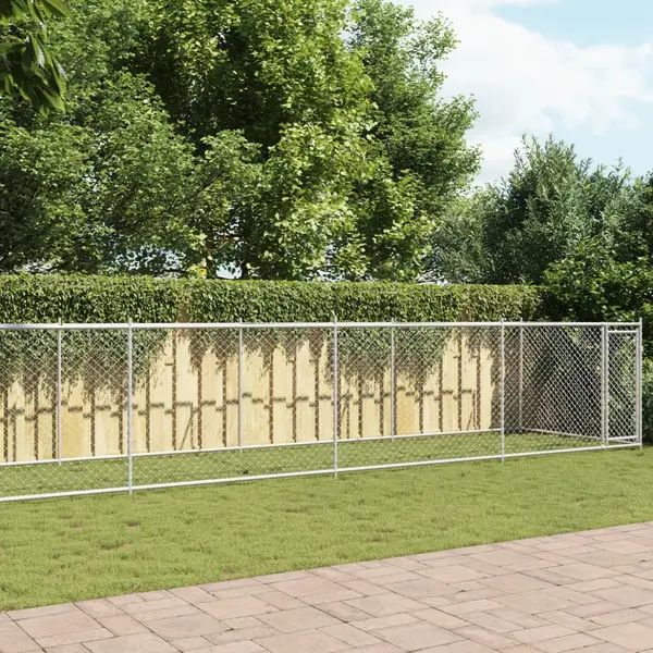 Gossi cusca pentru caini cu usa, gri, 10x2x1,5 m, otel galvanizat