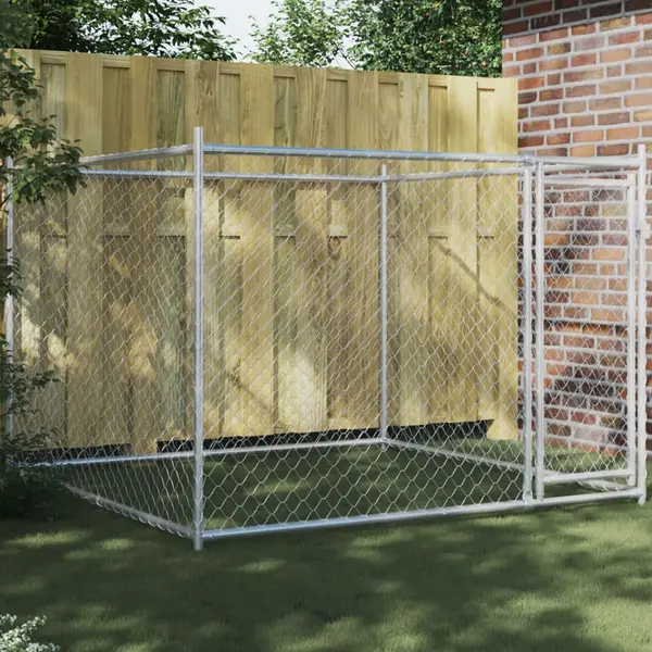 Gossi cusca pentru caini cu usa, gri, 2x2x1,5 m, otel galvanizat
