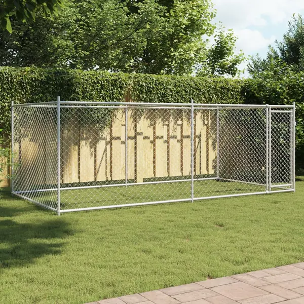 Gossi cusca pentru caini cu usa, gri, 4x2x1,5 m, otel galvanizat