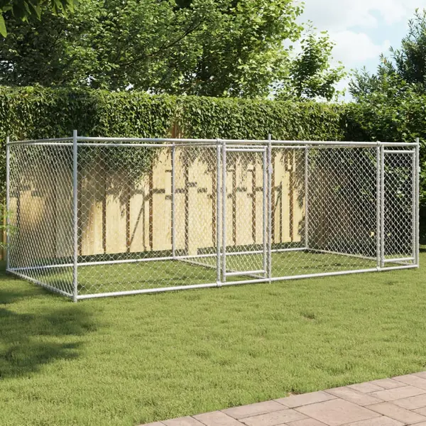 Gossi cusca pentru caini cu usi, gri, 4x2x1,5 m, otel galvanizat