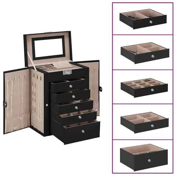 Gossi cutie de bijuterii cu 6 straturi cu oglinda incuiata neagra
