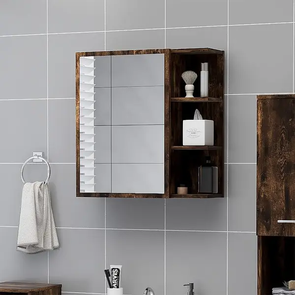 Gossi dulap baie cu oglinda stejar fumuriu 62,5x20,5x64 cm lemn
