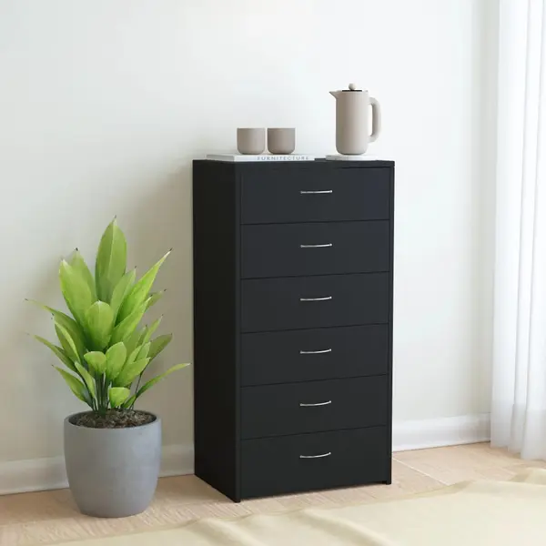 Gossi dulap cu 6 sertare, negru, 50x34x96 cm, lemn prelucrat