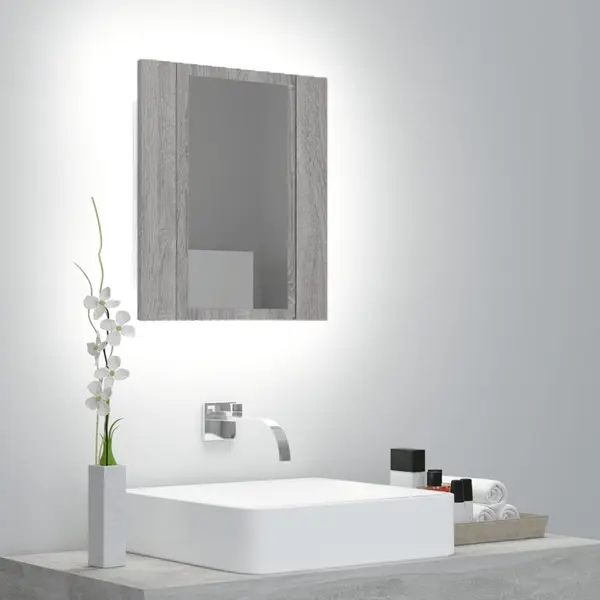 Gossi dulap cu oglinda cu led de baie, gri sonoma, 40x12x45 cm, lemn