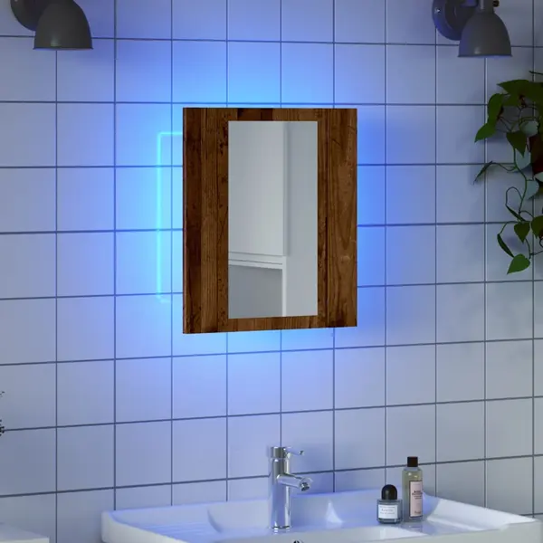 Gossi dulap cu oglinda cu led de baie, lemn vechi, 40x12x45 cm, lemn