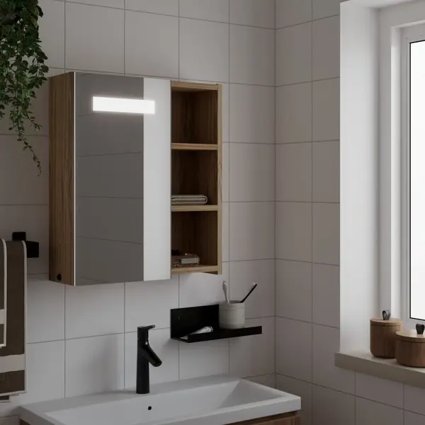 Gossi dulap cu oglinda de baie cu led, stejar, 45x13x52 cm