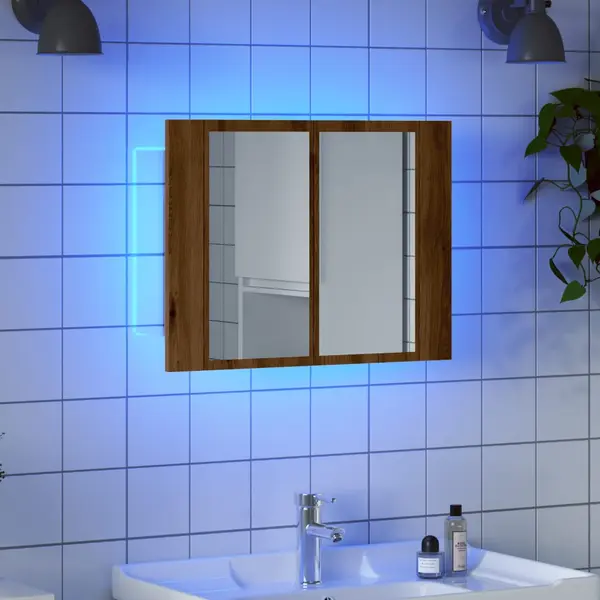 Gossi dulap cu oglinda & led stejar artizanal 60x12x45 cm lemn
