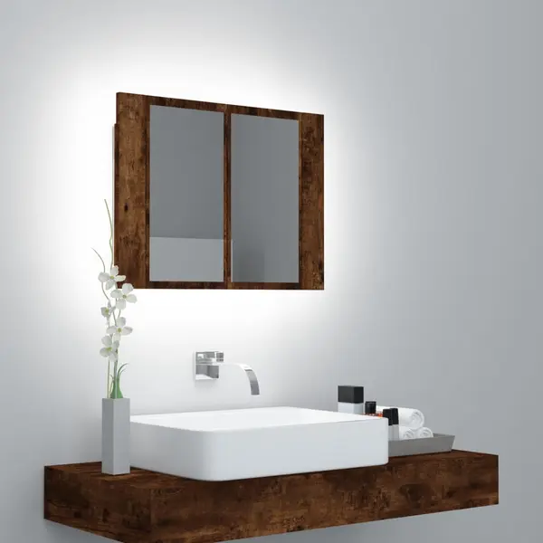 Gossi dulap cu oglinda & led stejar fumuriu 60x12x45 cm lemn compozit