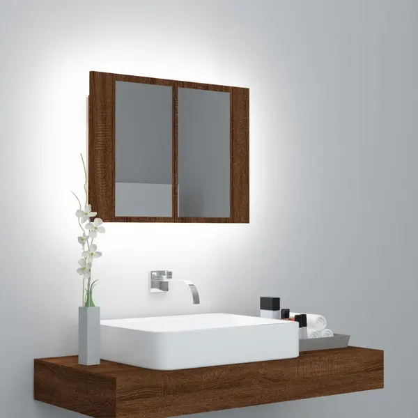 Gossi dulap cu oglinda & led stejar maro 60x12x45 cm lemn compozit