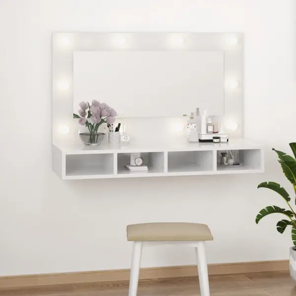 Gossi dulap cu oglinda si led, alb extralucios, 90x31,5x62 cm