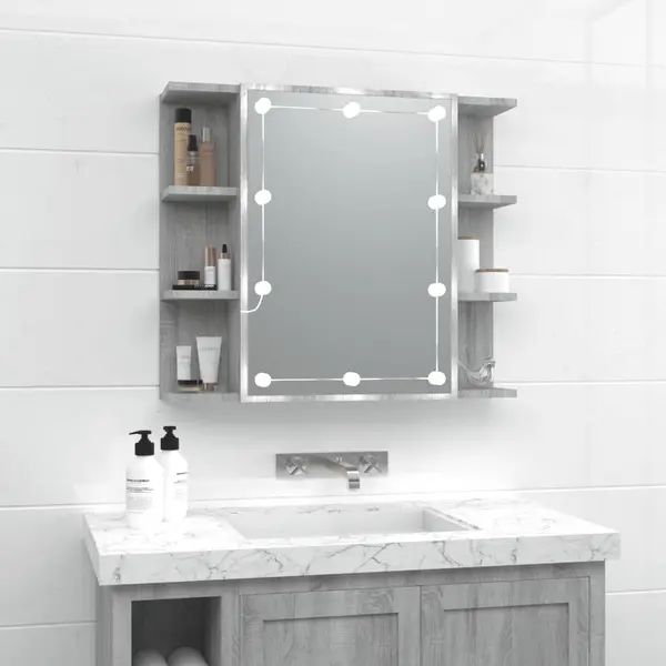 Gossi dulap cu oglinda si led, gri sonoma, 70x16,5x60 cm
