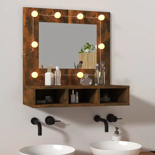 Gossi dulap cu oglinda si led, stejar fumuriu, 60x31,5x62 cm