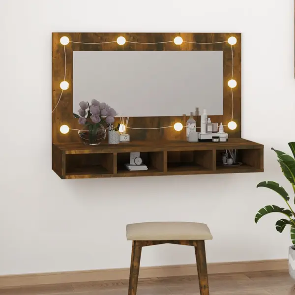 Gossi dulap cu oglinda si led, stejar fumuriu, 90x31,5x62 cm