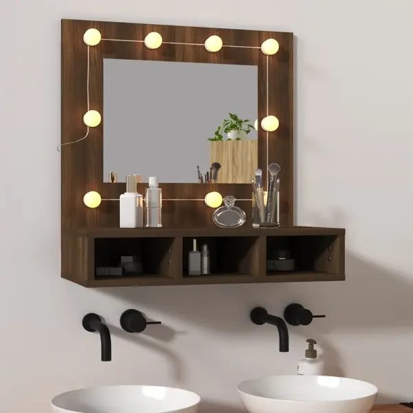 Gossi dulap cu oglinda si led, stejar maro, 60x31,5x62 cm