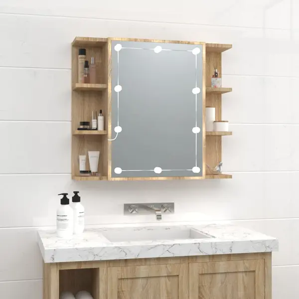 Gossi dulap cu oglinda si led, stejar sonoma, 70x16,5x60 cm