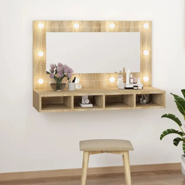 Gossi dulap cu oglinda si led, stejar sonoma, 90x31,5x62 cm