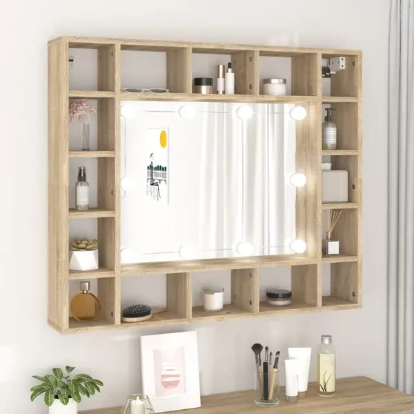 Gossi dulap cu oglinda si led, stejar sonoma, 91x15x76,5 cm