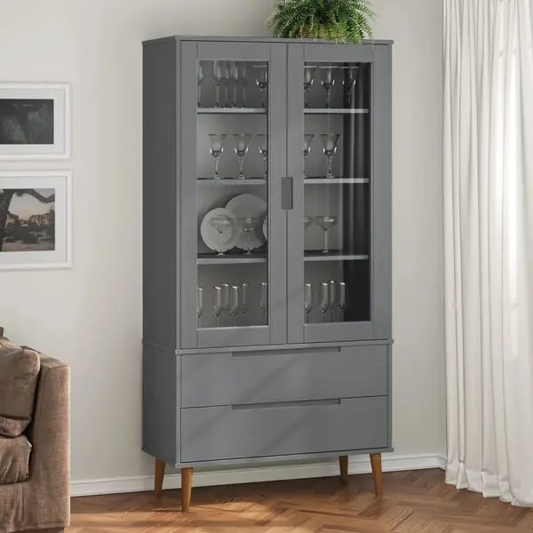 Gossi dulap cu vitrina, gri, 90x35x175 cm, lemn masiv de pin