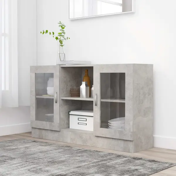 Gossi dulap cu vitrina, gri beton, 120x30,5x70 cm, lemn prelucrat