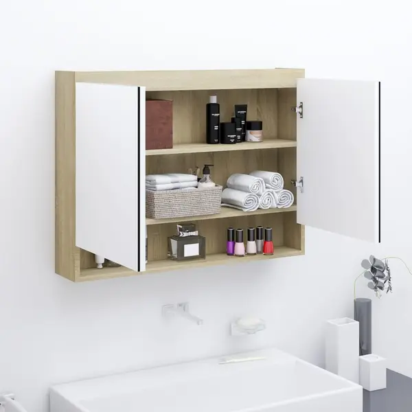 Gossi dulap de baie cu oglinda, alb si stejar, 80x15x60 cm, mdf